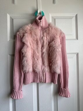 Vintage Y2K Chilly Lilly Pink Fur Knit Jacket Size 10/12 Girls Genuine Fur